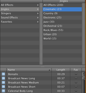 Категории джинглов и эффектов в GarageBand