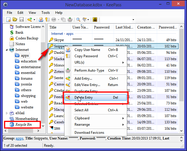 Удаление записи и перемещение в корзину KeePass