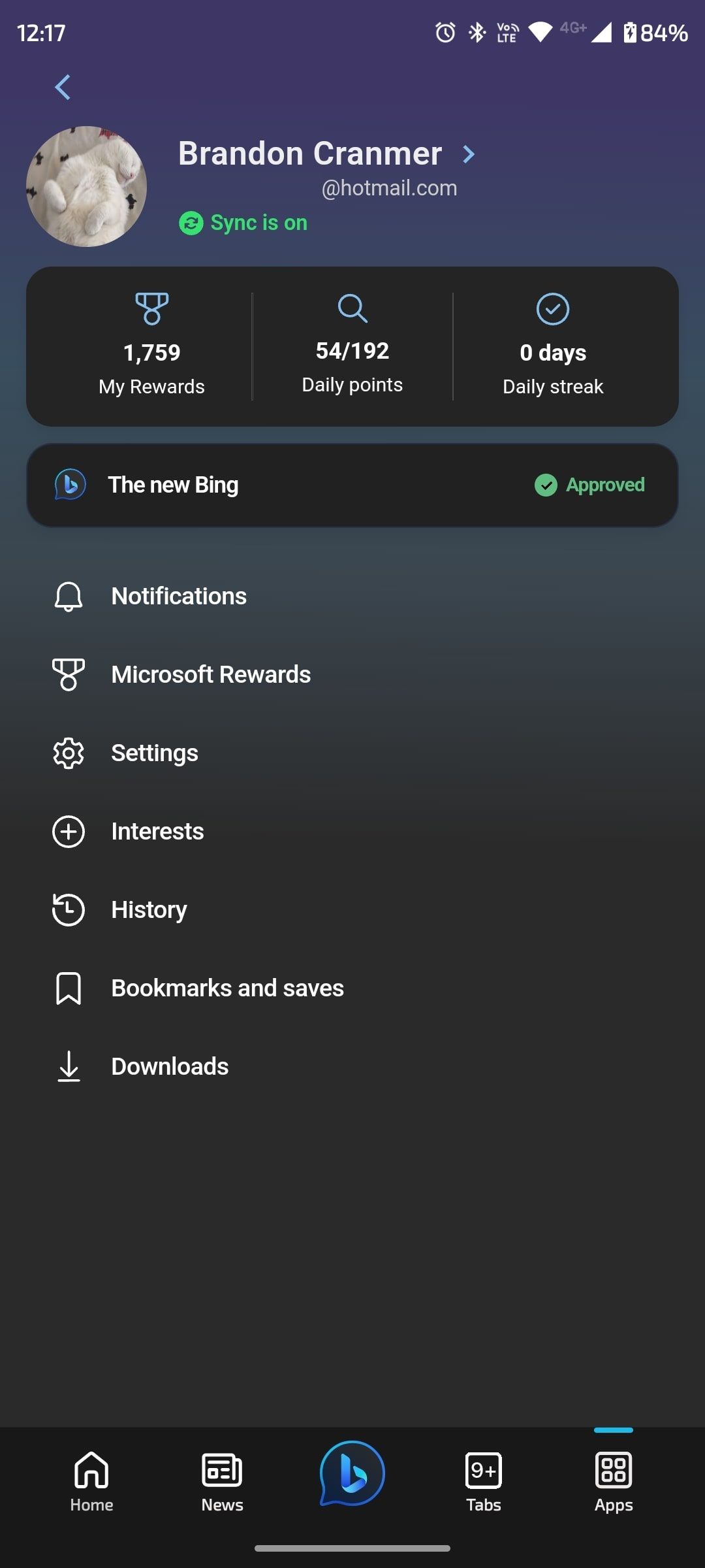 Страница учётной записи в приложении Bing