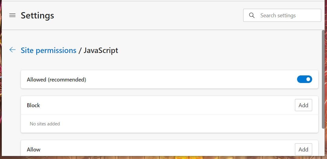 Экран с параметрами JavaScript в Edge