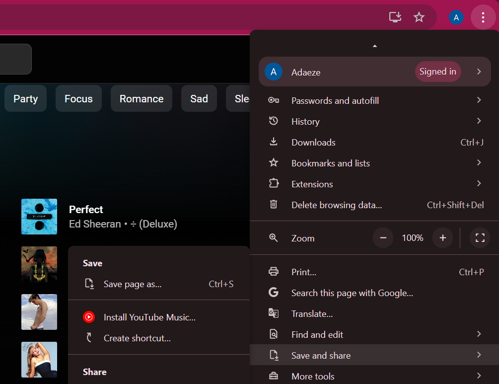 Опция «Установить YouTube Music» в меню Google Chrome