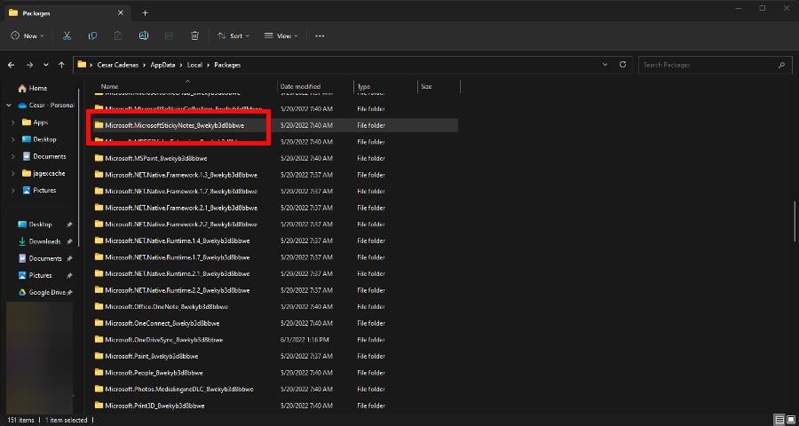 Папка пакета Microsoft Sticky Notes в AppData