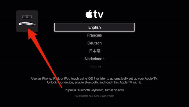 Значок Bluetooth в левом верхнем углу интерфейса Apple TV