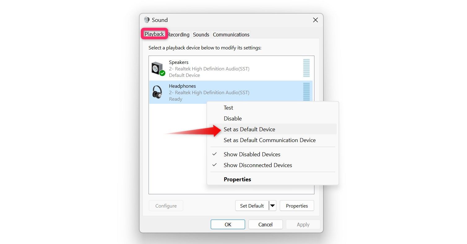 Выбор наушников как устройства по умолчанию