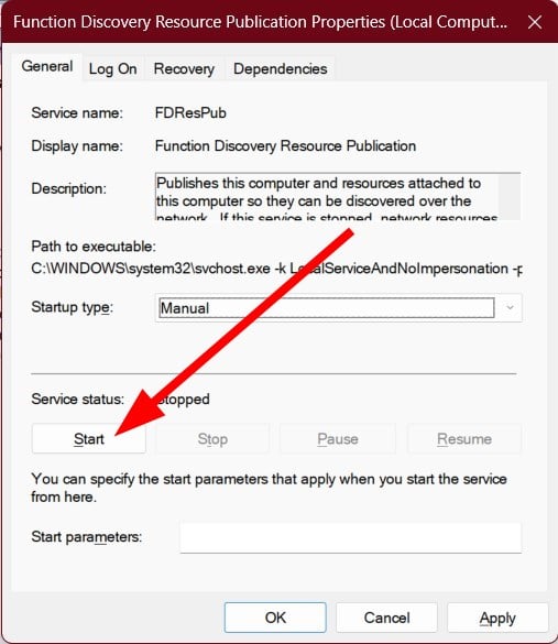 Кнопка Start в свойствах службы