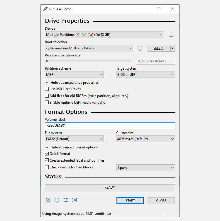 rufus iso to usb tool with systemrescue