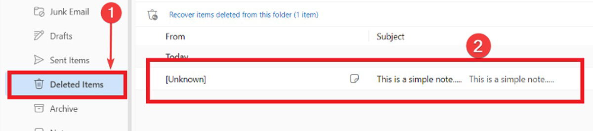 Переход в «Удалённые элементы» в Outlook для поиска заметок