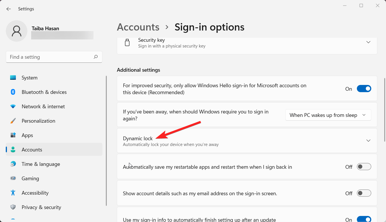 Выбор опции Dynamic Lock в настройках