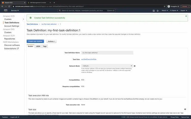 Успешное создание определения задачи