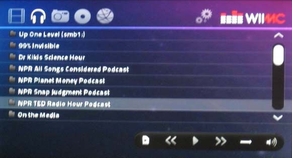 Список подкастов и медиафайлов в WiiMC