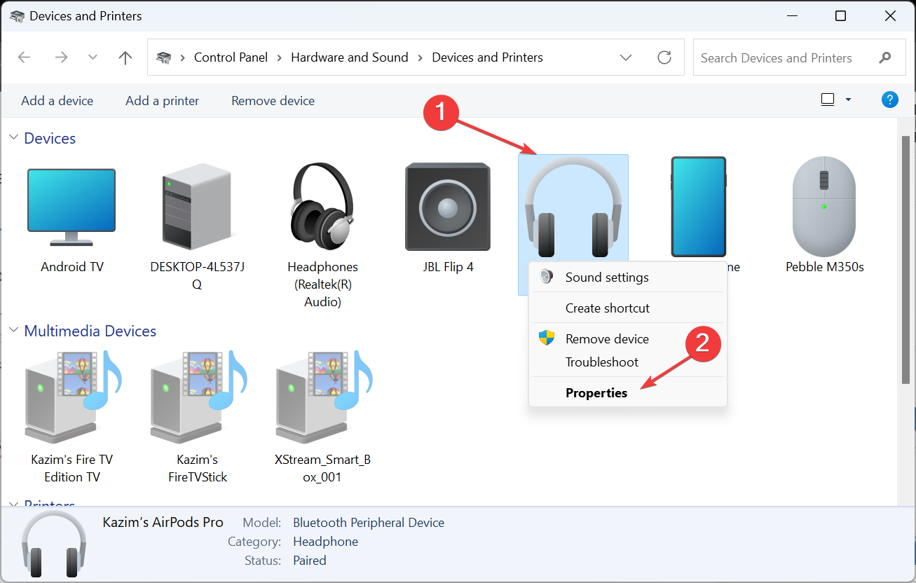 Окно свойств устройства Bluetooth
