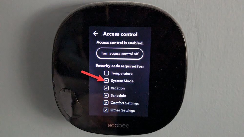 Выбор функций для блокировки на экране Контроль доступа.