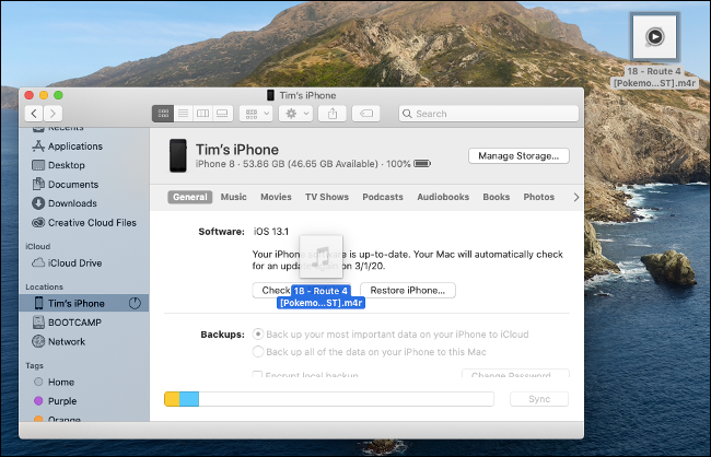 Перетащите M4R в окно синхронизации Finder