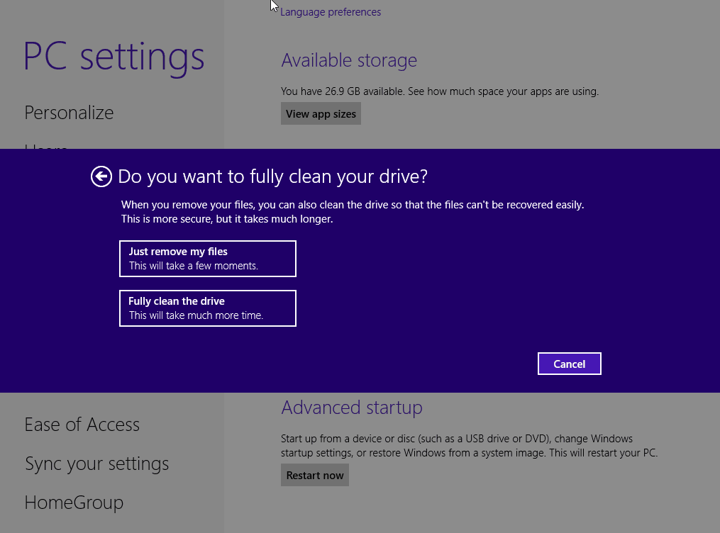 Окно подтверждения сброса Windows