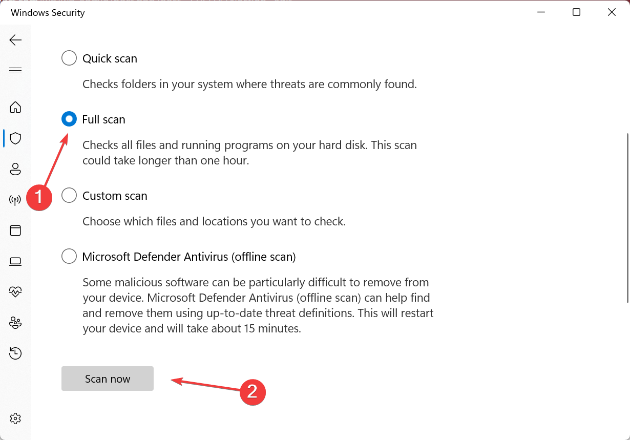 Выбор параметра «Полное сканирование» в Windows Security