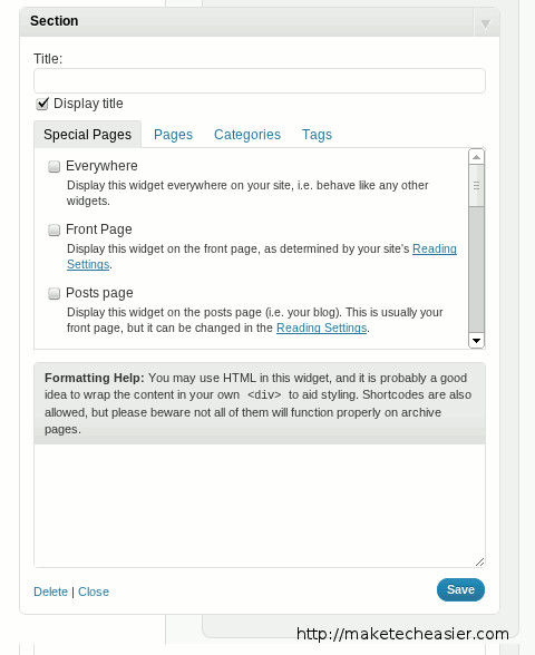 Schermata Section Widgets con campo per regole e contenuto HTML