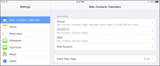 Список добавленных почтовых аккаунтов в настройках iPad