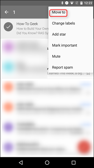 Скриншот: перемещение письма в вкладку Primary на мобильном