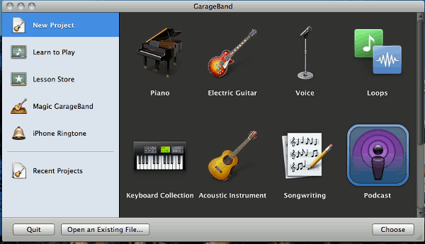 Экран запуска GarageBand с меню для открытия существующего файла и списком проектов