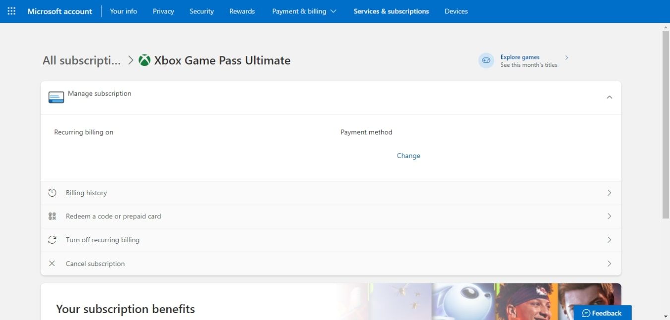 Скриншот настроек Xbox Game Pass в аккаунте Microsoft