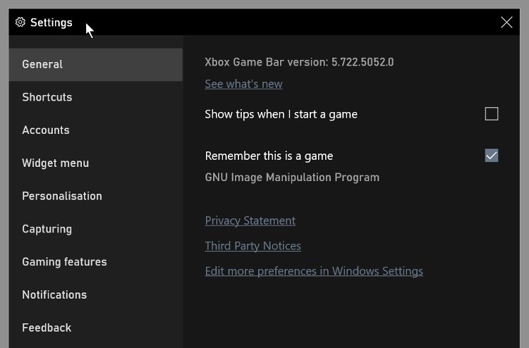 Настройки в Игровой панели Windows