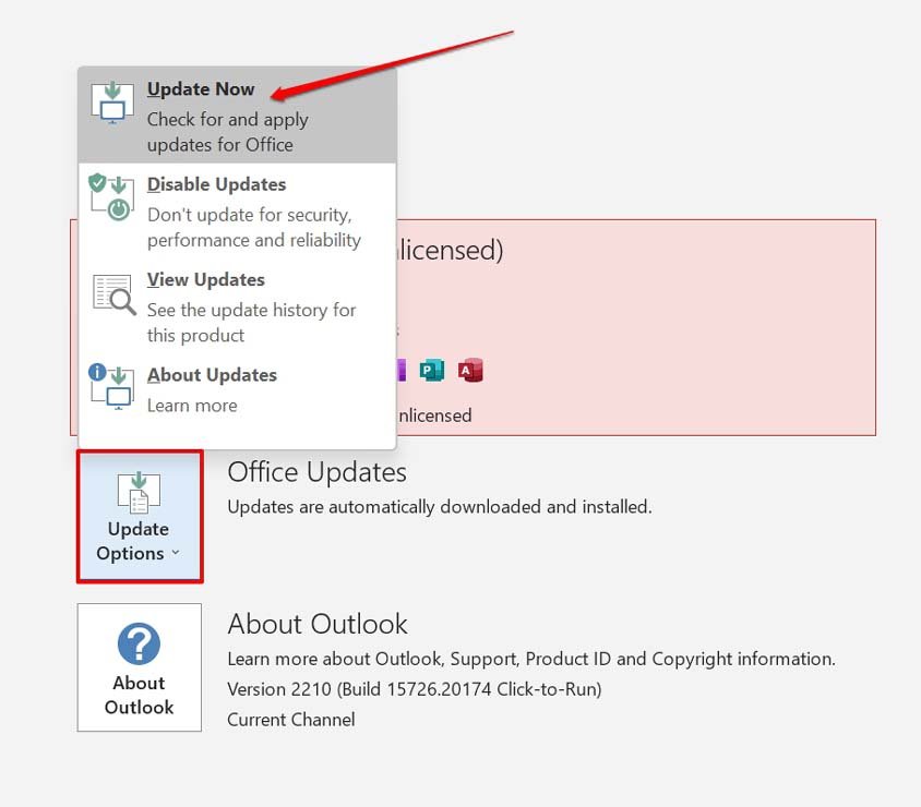 Updateoptionen in Outlook