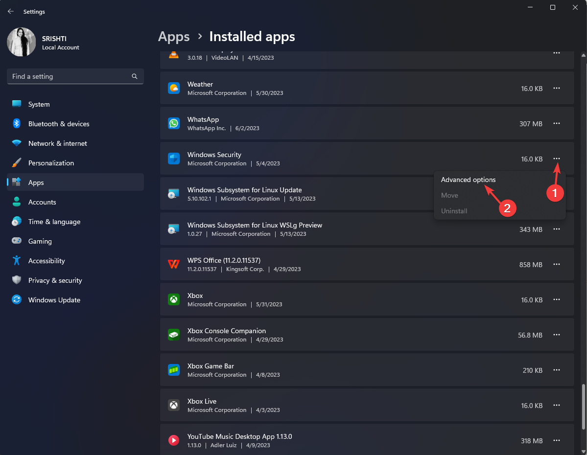 Параметры расширенного состояния приложения Windows Security