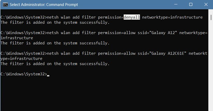 Добавление фильтра DenyAll для блокировки всех Wi‑Fi сетей с последующими исключениями.