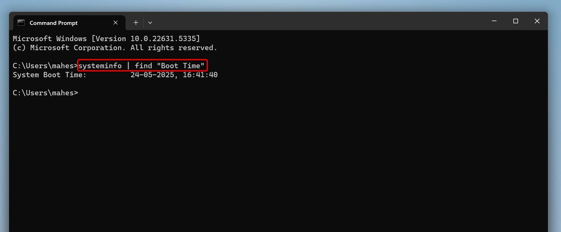 Команда для просмотра последней перезагрузки в Командной строке