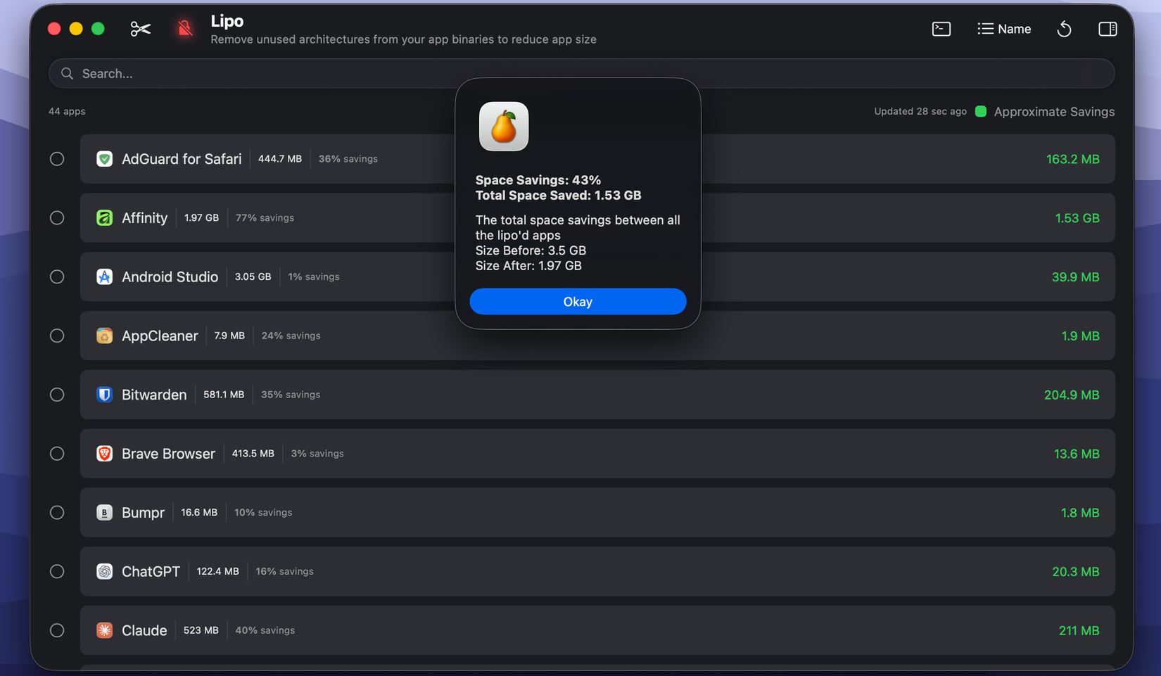 Удаление лишних архитектур в Pearcleaner.