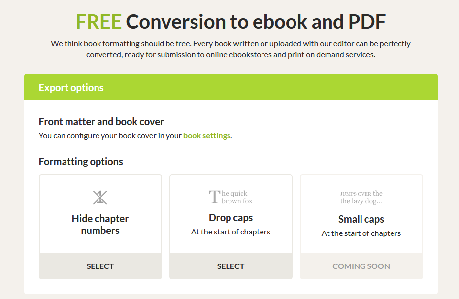 Параметры экспорта Reedsy Book Editor