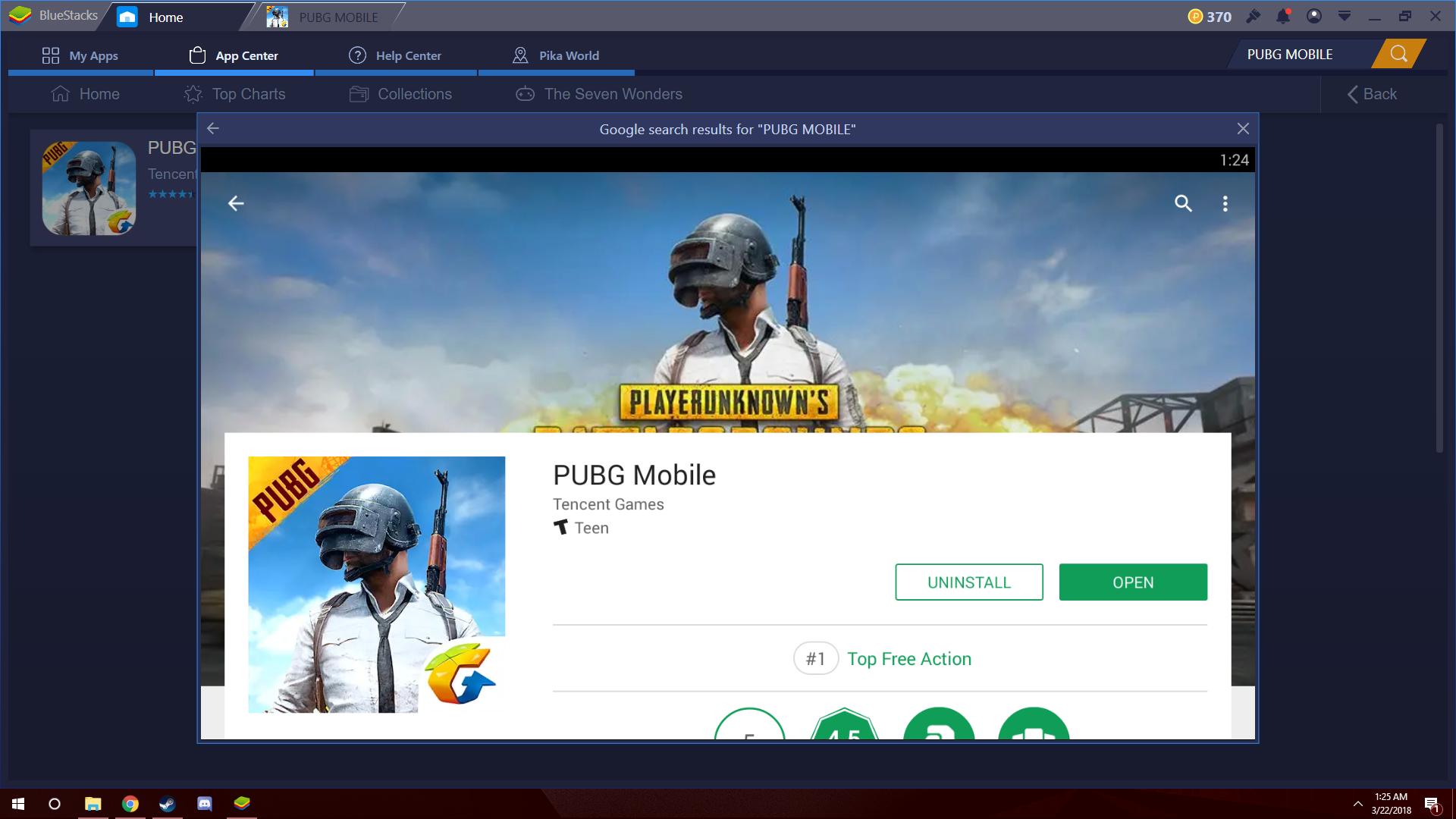 Bluestacks запущенный с PUBG Mobile