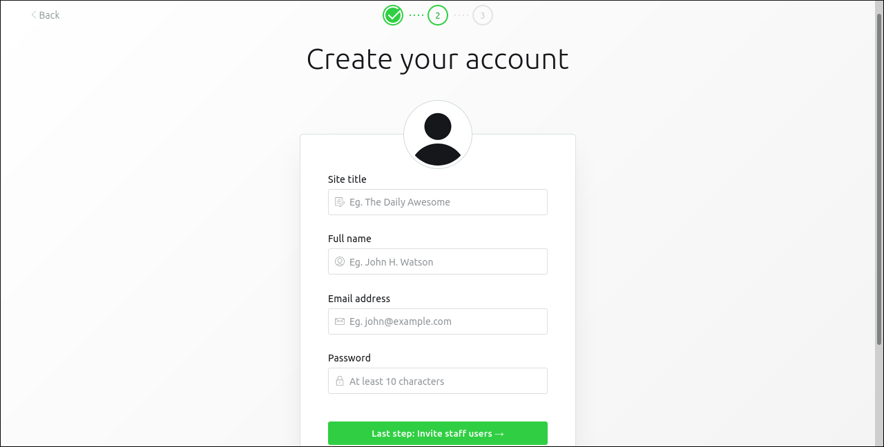 Мастер первичной настройки Ghost с полями регистрации