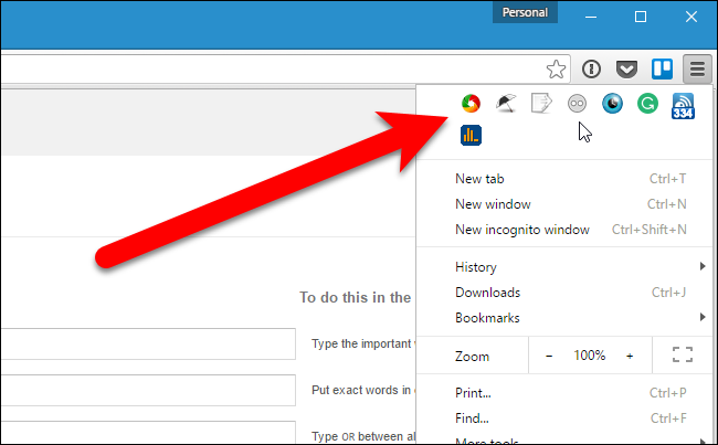 Все иконки расширений перенесены в меню Chrome после уменьшения панели инструментов