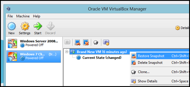 Список снимков в VirtualBox, контекстное меню с командой Restore Snapshot
