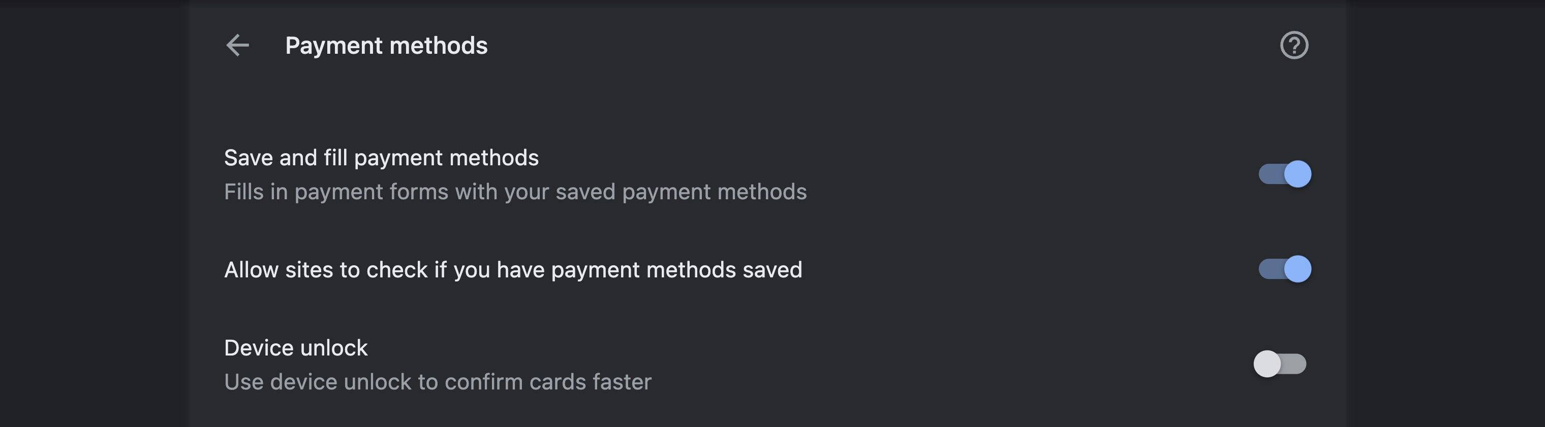 the default settings under payment methods in Chrome