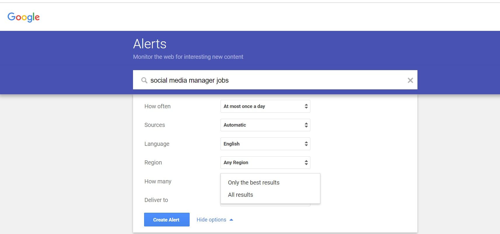 Параметры качества результатов Google Alerts