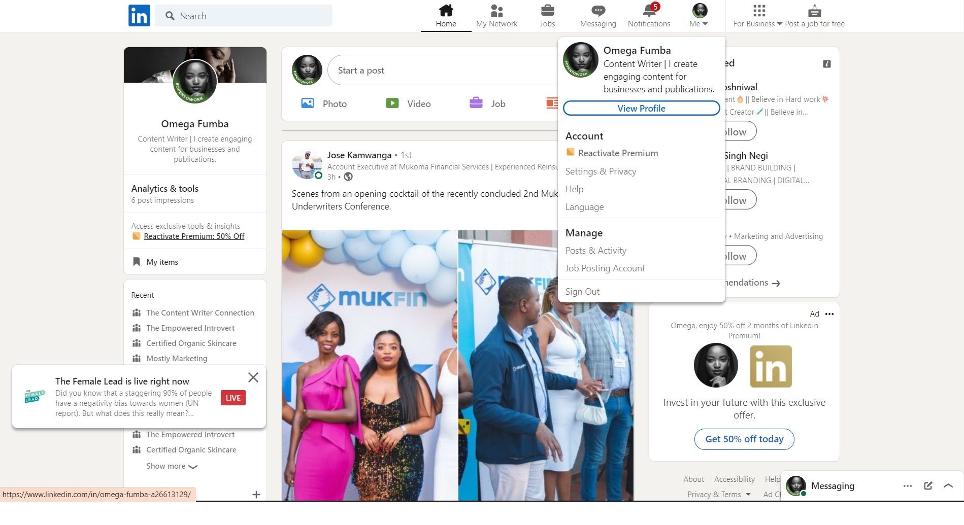 Меню профиля LinkedIn