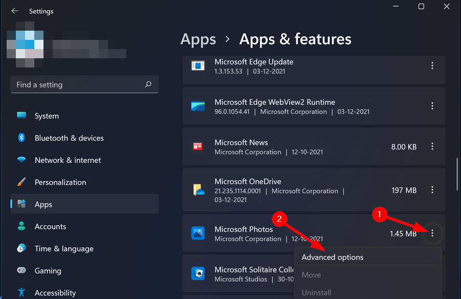 Карточка приложения Фото, меню дополнительных параметров