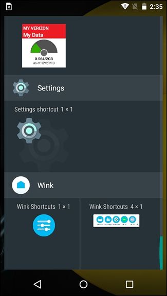 Виджеты Wink в списке виджетов Android