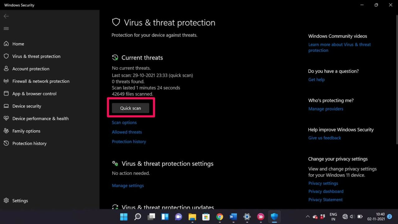 Выполнение быстрой проверки Windows Security