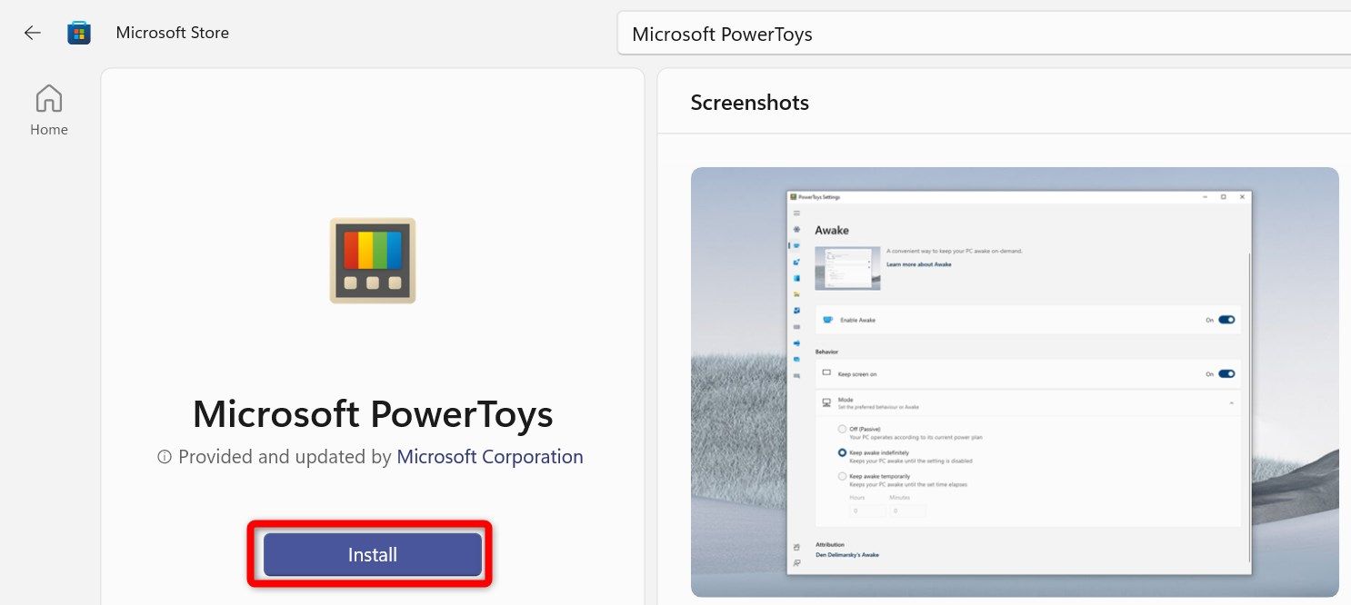Установка Microsoft PowerToys из Microsoft Store на Windows.