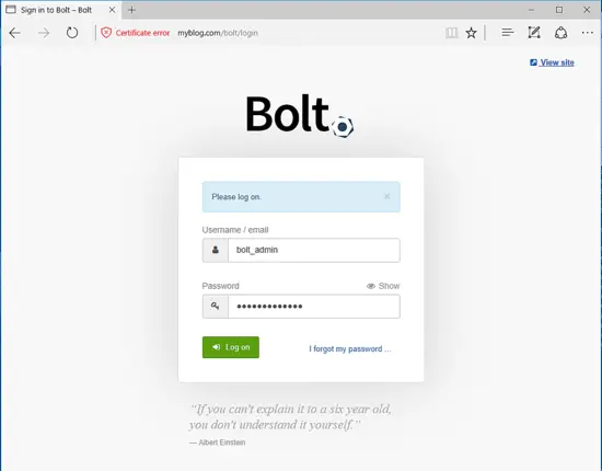 Страница входа Bolt CMS
