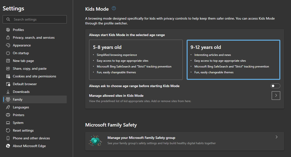 Настройки семейных параметров в Microsoft Edge — раздел Kids Mode