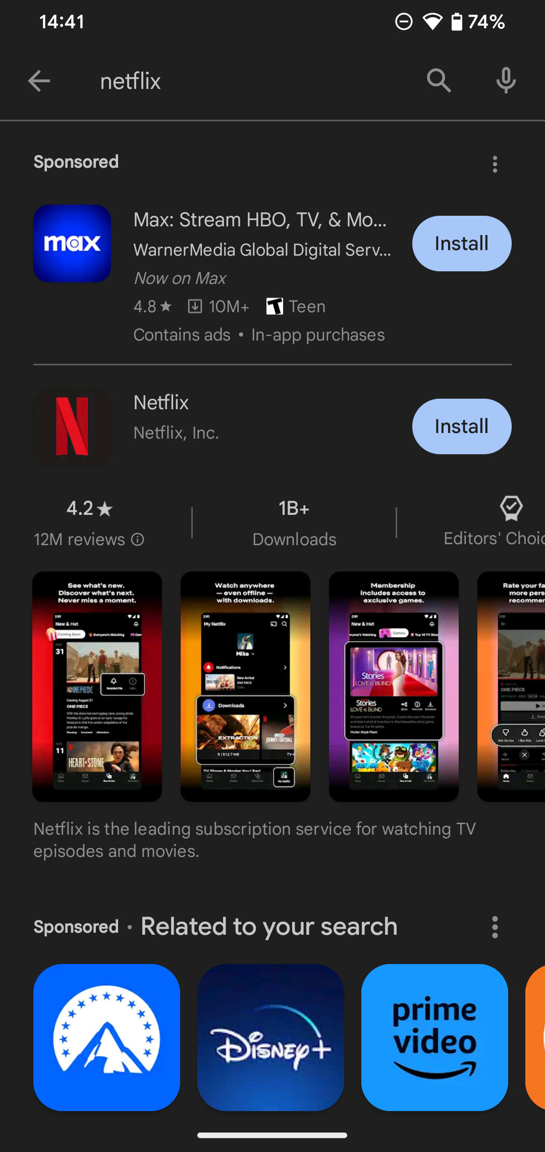 Результаты поиска в Play Store