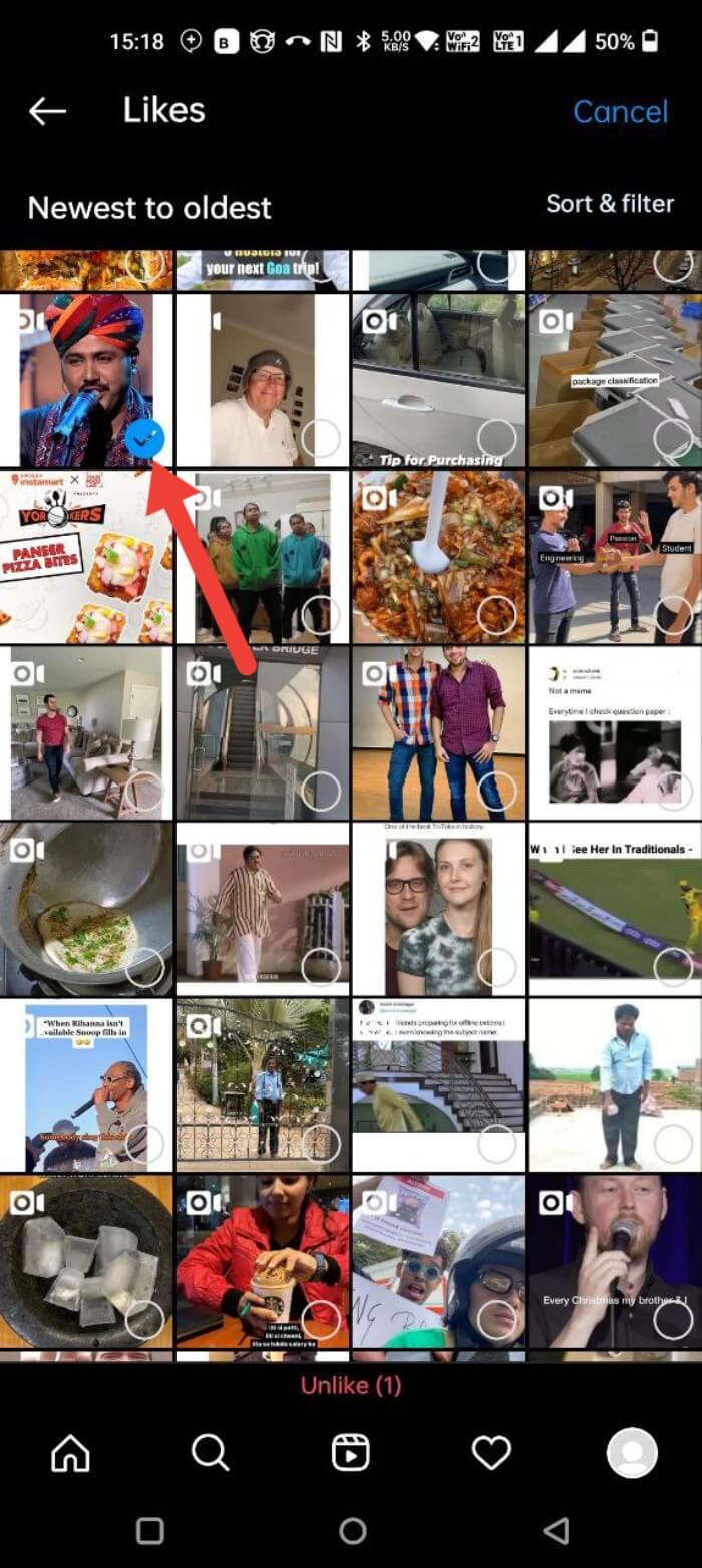 seleccionar multiples publicaciones en likes