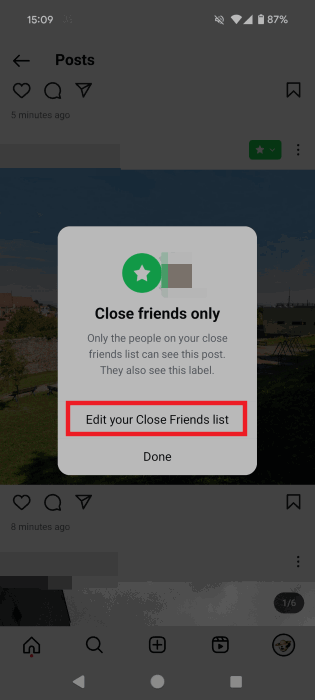 Выбор опции редактирования списка Close Friends в приложении