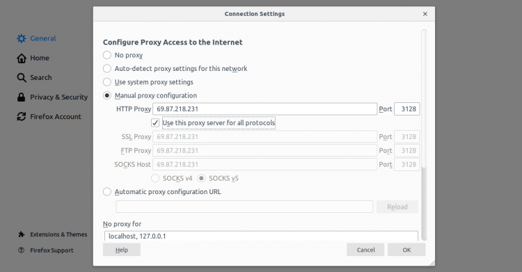 Страница конфигурации прокси-сервера в Firefox