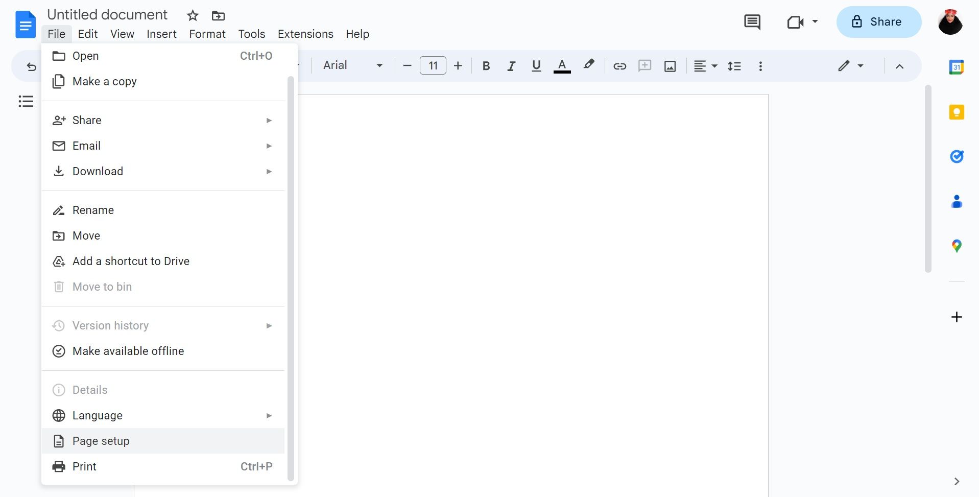 Окно параметров страницы в Google Docs