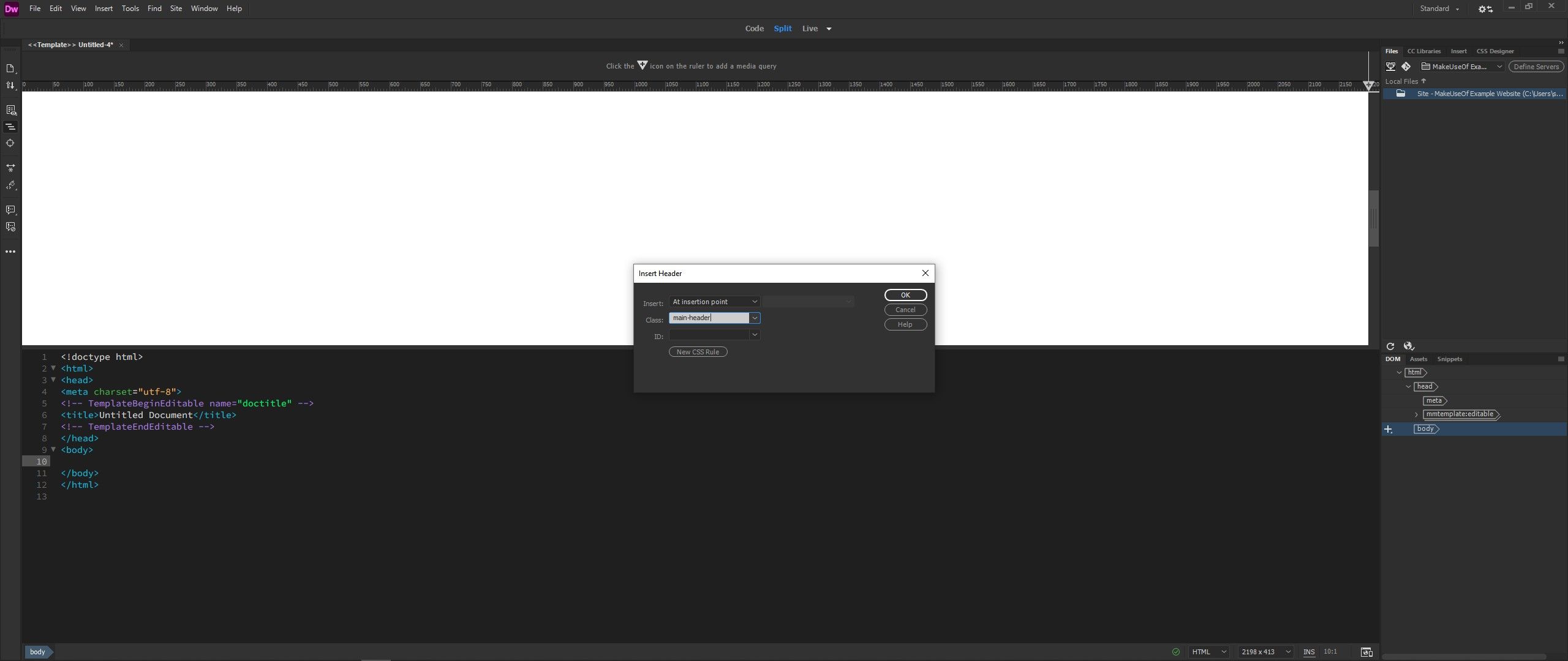 dreamweaver add header element class